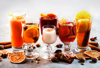 Selection of autumn or winter alcoholic hot cocktails - mulled wine, glogg, grog, eggnog, warm ginger ale, hot buttered rum, punch, mulled apple cider on gray background, copy space