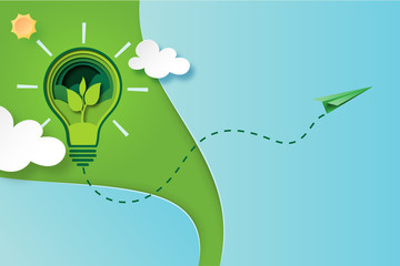 Paper art of green ecology and save energy for environment conservation concept landing page website template background.Vector illustration.