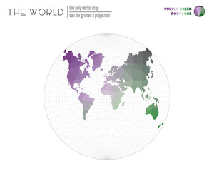 Abstract geometric world map. Van der Grinten II projection of the world. Purple Green colored polygons. Neat vector illustration.