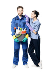 A young bearded smiling man in the uniform of a janitor holds a basket with moisturizing products, and maid-shaped women lean on his shoulder. Isolated on a white background