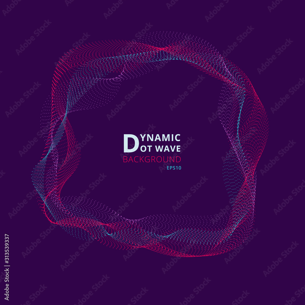 Wall mural abstract dynamic round frame particles waves on purple background.