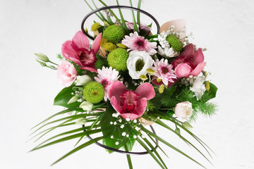 Top view flower bouquet on white background flat lay