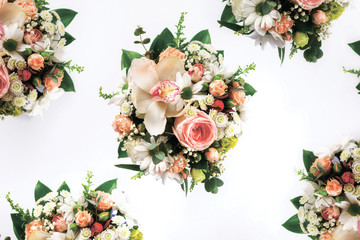 Top view flower bouquet on white background flat lay