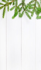 Christmas greeting card. Text space. Fresh fir tree branches on a white wooden background. Top view.