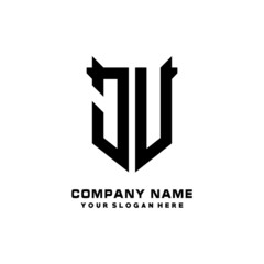 JU Initial letter Shield vector Logo Template Illustration Design, black and white color
