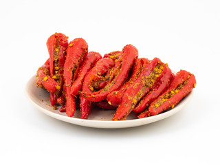 Indian Homemade Red Chilli Pickle Also Know as Mirchi Ka Achar, Loncha or Laal Mirch Ka Achar