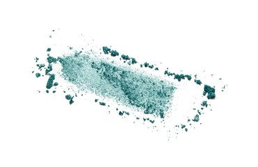 Shimmer eyeshadow swatch. Teal green color makeup smear smudge isolated on white background. Cosmetic face powder texture