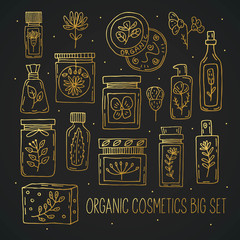 Natural cosmetics doodle vector clipart, set of isolated elements. Herbs. Organic ingredients. Eco friendly, vegetarian, vegan cosmetics, farmacy. Sticker, icon, symbol. Elegant golden design. 