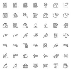 Tax payments line icons set. linear style symbols collection, outline signs pack. vector graphics. Set includes icons as percentage paid, tax declaration, income taxation, payment transaction, money