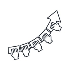 Hands hold up arrow. Effective collaboration. Vector linear icon on a white background.
