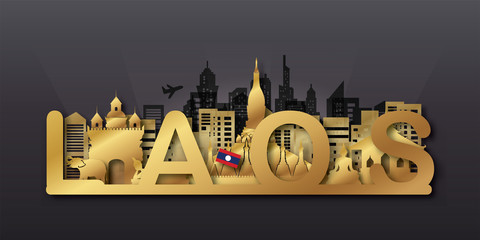 Travel Laos panorama postcard, poster, tour advertising of world famous landmarks in paper cut style. Vectors illustrations