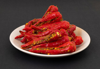 Indian Homemade Red Chilli Pickle Also Know as Mirchi Ka Achar, Loncha or Laal Mirch Ka Achar