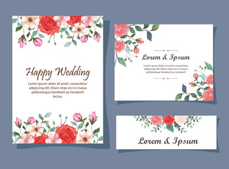 Fototapeta na wymiar set of wedding invitation cards with flowers decoration vector illustration design