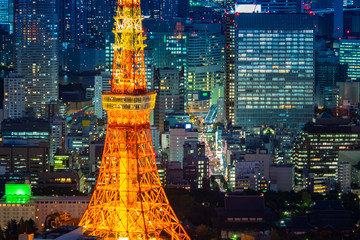 Japan. Tokyo. Minato. A fragment of the TV tower of Tokyo in close-up. Orange tower on the...