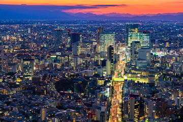 Naklejka na ściany i meble Japan. Evening Tokyo against the mountains. Late evening in the capital of Japan. The lights of Tokyo and the sunset. Top view of Tokyo evening. Cities of Japan. East Asia.