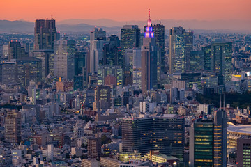 Obraz premium Japan. Tokyo in the evening. Panorama of Tokyo from a height. The business center of Tokyo. Skyscrapers in the center of the Japanese capital. Glowing fragment of a skyscraper.