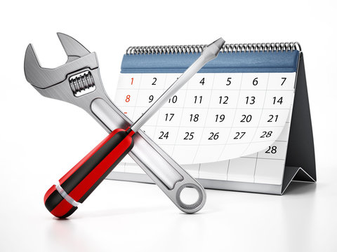 Crossed wrench and screwdriver with desktop calendar isolated on white background. 3D illustration