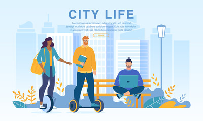 Active People City Dwellers in Urban Park on Eco Transport. Sport, Healthy Lifestyle and Rest. Young Woman Driving Monocycle, Hipster Guy Riding Hoverboard, Teenager Boy with Laptop Sitting on Bench