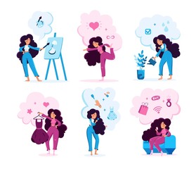 Modern Woman Lifestyle Scenes Trendy Flat Vector Characters Set. Young Lady Shopping Online, Drawing Paintings, Watering Plants, Stretching on Fitness Training, Doing Makeup Isolated Illustration
