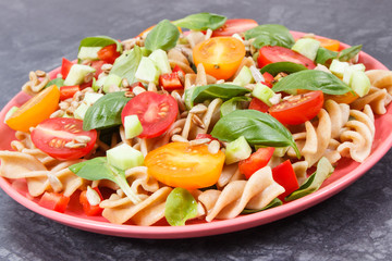 Fresh salad with wholegrain pasta and vegetables. Healthy lifestyles and nutrition