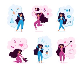 Modern Woman Life Situations Trendy Flat Vector Characters Set. Young Lady Shooting Selfie, Playing with Pet, Arguing with Boyfriend, Celebrating Engagement, Choosing Makeup Isolated Illustration