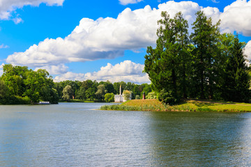 Big Pond with Turkish Bath pavilion on a shore in the Catherine Park in Tsarskoye Selo, Pushkin,...