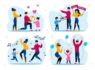 Family Holidays Celebration Trendy Flat Vector Concepts Set. Parents Celebrating Daughters Birthday, Giving Birthday Gift to Child, Listening Music and Happy Dancing Together Isolated Illustrations
