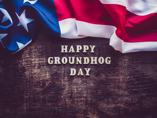 Fototapeta na wymiar Groundhog Day Background. Close-up, top view, isolated. Congratulations for friends, loved ones, relatives and colleagues