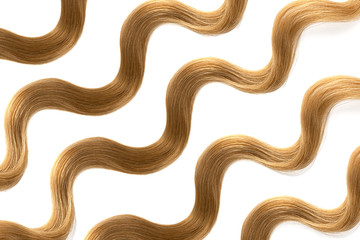 Fototapeta premium Brown hair on white, isolated. Thin curly threads as background