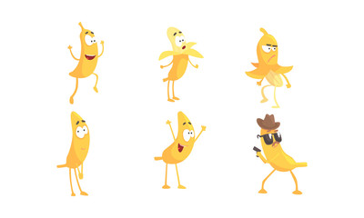 Cartoon Banana Character Doing Various Things Vector Set