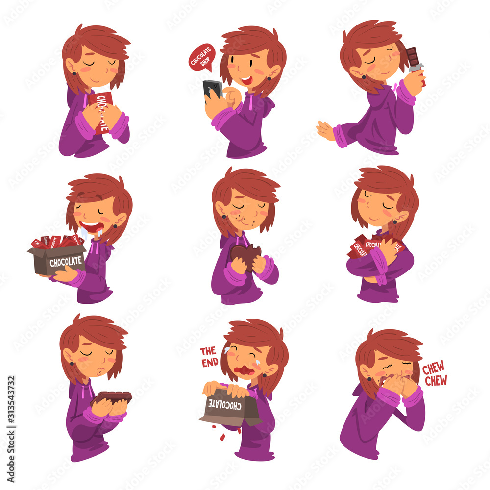 Sticker Funny Girl with Chocolate Set, Sweet Tooth Girl Cartoon Character Enjoying Eating Sweets Vector Illustration