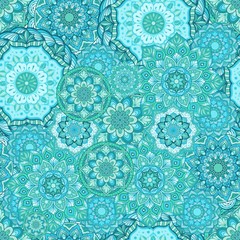 Mandala with aqua menthe green color concept illustration doodle seamless pattern 