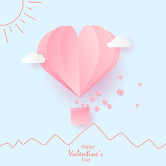 Happy Valentine's Day greeting card with flying paper cut pink hearts. Vector.