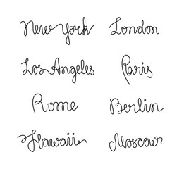 Set of city names, tourism and travel, continuous line drawing, hand lettering, print for clothes, t-shirt, emblem or logo design, one single line on a white background, isolated vector illustration.