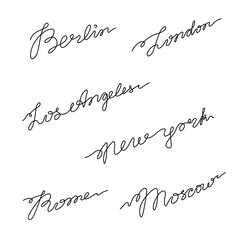 Set of city names, tourism and travel, continuous line drawing, hand lettering, print for clothes, t-shirt, emblem or logo design, one single line on a white background, isolated vector illustration.