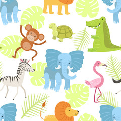Cute African Animals and Birds Seamless Pattern, Design Element Can Be Used Fabric, Wrapping Paper, Website Vector illustration