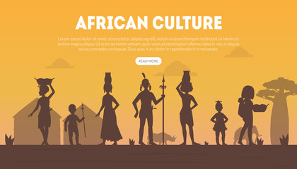 African Culture Landing Page Template with Silhouettes of Native Tribal People in Traditional Clothes Vector illustration