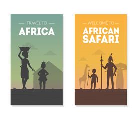 Travel to Africa, Welcome to African Safary Banner Templates Set with Silhouettes of Native Tribal People in Traditional Clothes Vector illustration