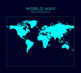 Map of The World. Miller cylindrical projection. Futuristic Infographic world illustration. Bright cyan colors on dark background. Vibrant vector illustration.