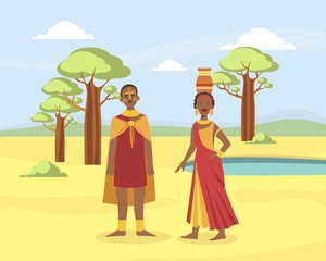 Obraz na płótnie Canvas African Family Couple, Young Man and Woman in Traditional National Clothes on African Savannah Landscape Background Vector illustration