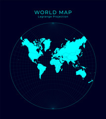 Map of The World. Lagrange conformal projection. Futuristic Infographic world illustration. Bright cyan colors on dark background. Powerful vector illustration.