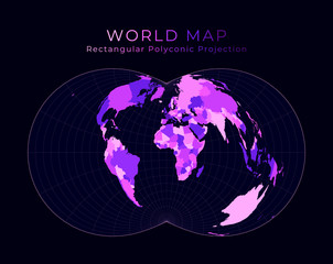 World Map. Rectangular (War Office) polyconic projection. Digital world illustration. Bright pink neon colors on dark background. Trendy vector illustration.