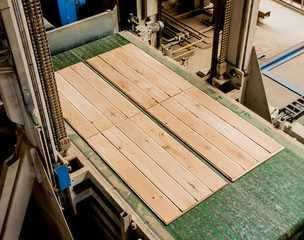 Production line of the wooden floor factory. CNC automatic woodworking machine.