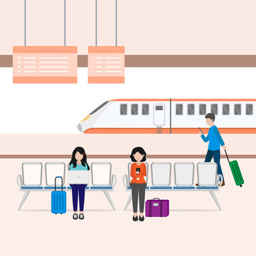 illustration of activities at a busy train station awaiting vector design train schedules