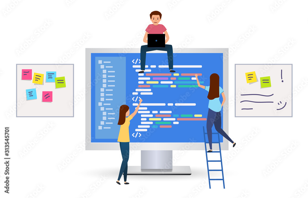 Wall mural team writes code programming for a game, app or website. concept for web page, banner, social media.