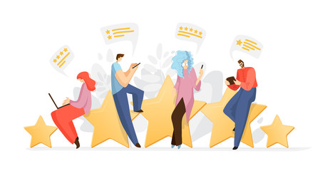 Feedback, survey vector flat concept with people, man and woman sitting on big rating stars, writing reviews and making comments about service or product. Rate Evaluation and testimonial, customer