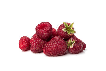  Fresh raspberry in wooden bowl isolated on white background.