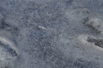 Texture beautiful patterns on ice in winter close up