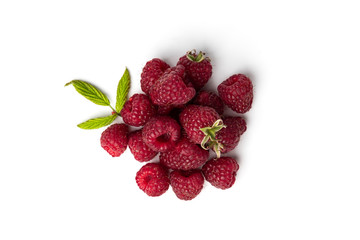  Fresh raspberry in wooden bowl isolated on white background.