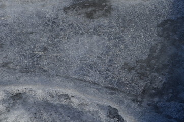 Texture beautiful patterns on ice in winter close up